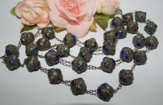 ANTIQUE CHINESE EXPORT SILVER MESH CLOISONNE ENAMEL BEADED NECKLACE - RARE ITEM 3