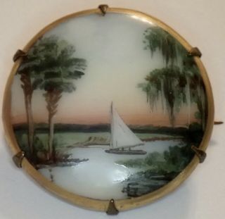 Rare Antique Signed Olive Commons Hand Painted Porcelain Florida Cameona Brooch