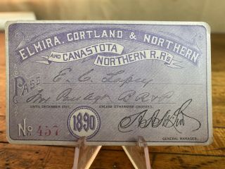 C12 Rare 1890 Elmira Cortland & Northern Canastota Railroad Pass Ticket Antique