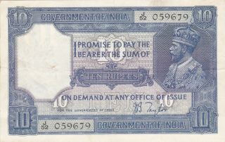 10 Rupees Very Fine Banknote From British India 1917 - 30 Pick - 7b Sign:taylor Rare
