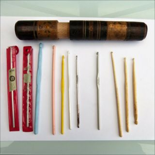 Antique Bone Crochet Hooks And Others,  Turned Wood Container