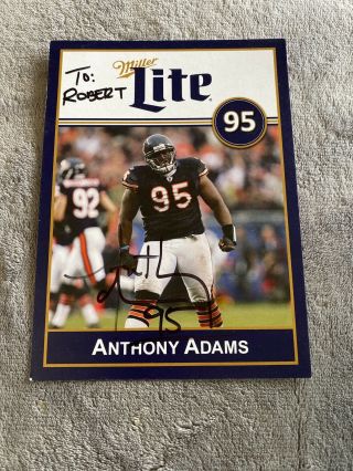 Miller Lite Chicago Bears Anthony Adams 95 Autographed Card Rare