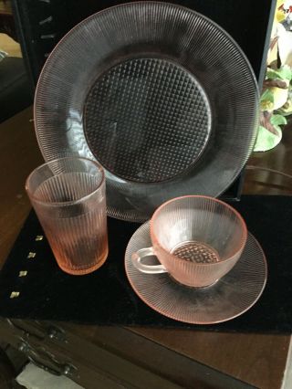 Rare Vintage Pink Jeanette Homespun/fine Rib 4 Piece Place Setting (3 Available)