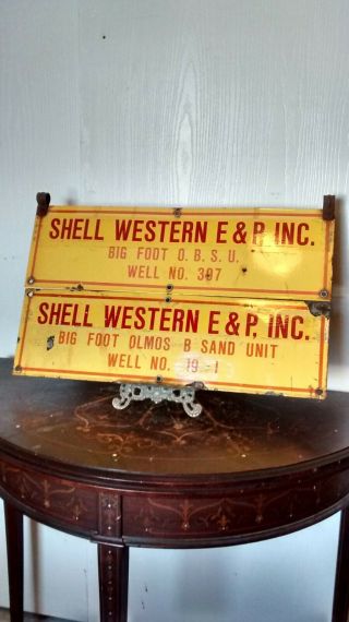 2 Rare Vintage Porcelain Shell Western 24 " X7 " Oil Well Gas Lease Signs - Texas