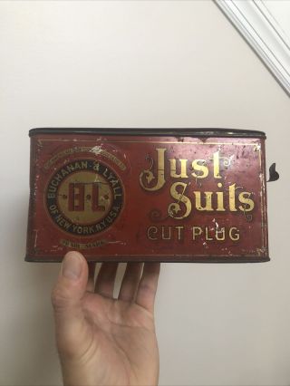 Antique Just Suits Cut Plug Tin Litho Lunch Pail Box Tobacco Can Country Store