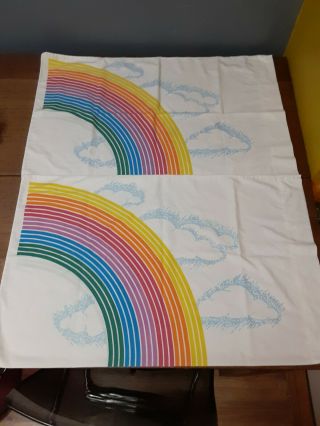 Vtg Rainbow And Clouds Rare Full Size Fitted Bed Sheet And 2 Pillow Cases Usa