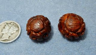 2 Vintage Carved 17mm Boxwood Longevity Shou Beads Round Wood Shou