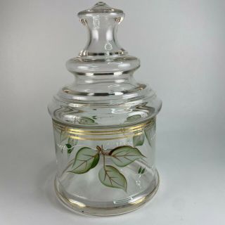 Vintage Antique Clear Glass Hand Painted Apothecary Jar With Lid