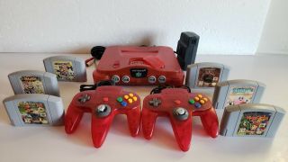 Nintendo 64 N64 Funtastic Watermelon Console W/ 2 Controllers And 6 Games Rare