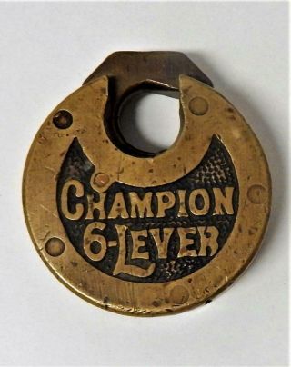 Antique Champion 6 Lever Brass Padlock By Miller Lock Co.  Philadelphia Pa.