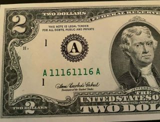 2003 A $2 Two Dollar Bill With Rare Repeater Binary Serial Number A 11161116 A