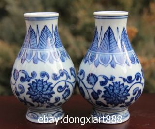 10 Cm China Blue White Porcelain & Pottery Handwork Painted Flower Vase Pair 09