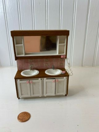 Vintage Lundby Dollhouse Pink Bathroom Vanity Sinks Cabinets Mirror Razor 1:16