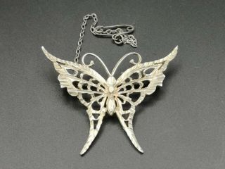 Antique Vintage Edwardian Stamped Silver Large Butterfly Brooch & Chain 4.  4g