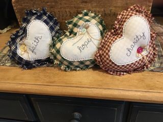 Primitive Heart Bowl Fillers Prim Set Of 3 “faith” “hope” “charity” Valentines