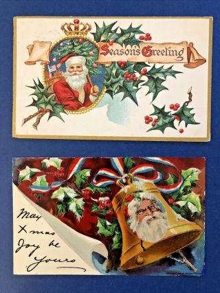 2 Antique Santa Postcards Emb & Gold Trim,  Patriotic With Usa Flag,  & Ribbons