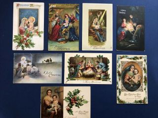 8 Christmas Antique Postcards Religious Themes.  Collector Items.  W Value