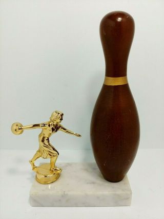 Vintage Bowling Trophy With Solid Wood Pin And Metal Woman