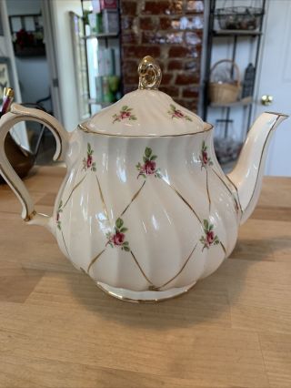 Rare Sadler Vintage Teapot Bone China England Pink Roses Gold Trim