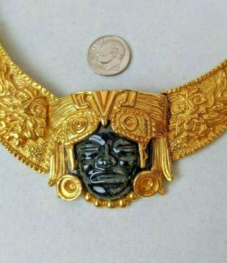 RARE Salvador Teran Marbel Mexico 22K Plated Wide Aztec Pottery Face Necklace 5