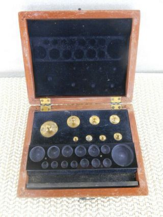 Vintage 8 Piece Brass Balance Scale Weights 1 - 100 Grams In Mahogany Wood Box