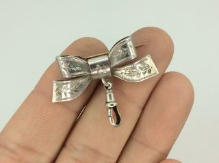Fantastic Antique Vintage Sterling Silver Bow Bar Brooch Pin With Dog Clip Fob