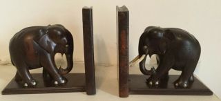Antique Wooden Elephant Bookends - Ebonies - Handcrafted - Large & Heavy 2.  72kg