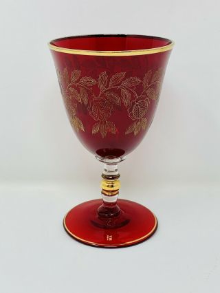 Antique Victorian Moser Ruby Red Cranberry Wine Glass Bubble Stem Gilded Gold