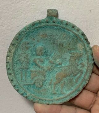Ancient Near Eastern Decorated Bronze Plate With Soldiers & Horse Pendant 86mm