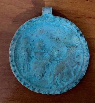 ANCIENT NEAR EASTERN DECORATED bronze PLATE WITH soldiers & horse pendant 86mm 3