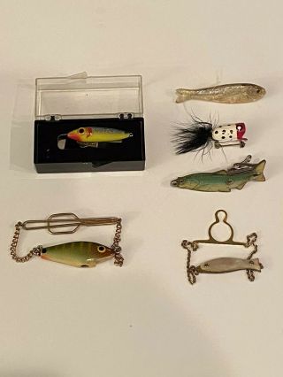 Vintage Scarce Advertising Assorted Fishing Lure Pins Tie Clip Mop Very Cool