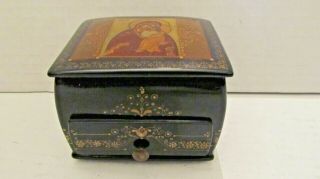 Antique Vintage Russian Lacquer Box Virgin Mary Jesus Hand Painted Icon Box