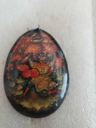 Rare Vintage Russian Palekh Lacquer Hand Painted Pendant.  Signed By Artist