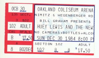 Rare Huey Lewis Los Lobos Tower Of Power 12/30/84 Oakland Ca Ticket Stub