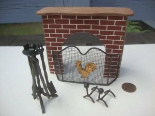 Vintage Doll House Miniature Fireplace Mantel Screen Fire Tools Andirons Plus