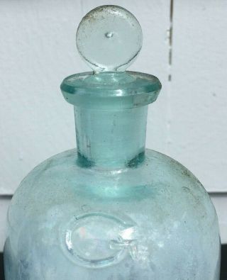 Antique Green Glass Apothecary Chemist Bottle W/ Ground Stopper Marked G