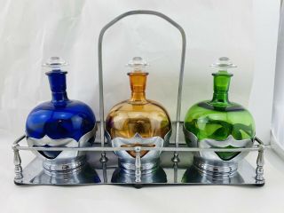 Rare Stunning Farber Bros.  Set Of 3 Colored Glass Decanters W/ Handled Tray.
