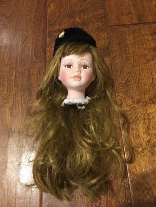 Vintage Bisque Porcelain Small Doll Head Girl Long Brown Hair 3.  5 " X2.  5 " Beret
