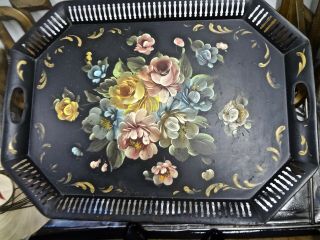 Large Vintage Hand Painted Floral Tole Serving Tray By Art Gift 24 " X 17 3/4 "