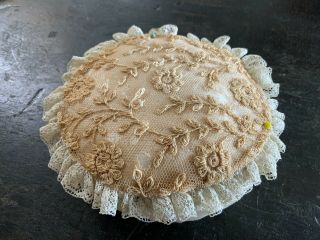 Antique Vintage Pin Cushion Pillow With Tambour Lace Top