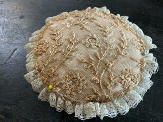 Antique Vintage Pin Cushion Pillow with Tambour Lace Top 3