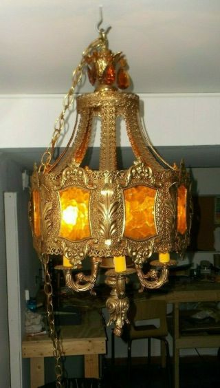 Rare Vintage Gothic Style Gilded Brass Finish Chandelier,  Glass Panel