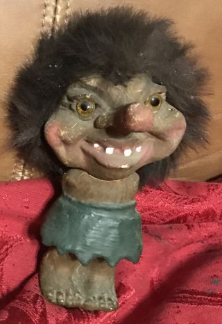 Vintage Troll Doll Composite Material 6 " Tall Nyform Made In Norway Green Skirt