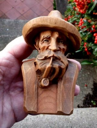 Vintage Early 1900s Carved Black Forest Wooden Bust Of A Man