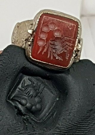 A Fantastic Ancient Roman Silvered Seal Ring With Carnelian Stone 7,  5 Gr 18 Mm
