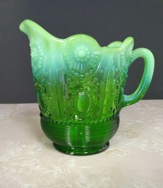Antique Green Glass Pitcher Creamer With Hobnail Design 5 Inches Tall