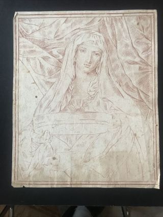 Antique Sanguine Drawing Of A Woman 12 1/2 X 10 Ins Religious?
