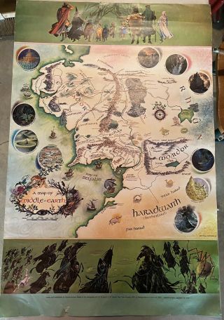 Rare Pauline Baynes Map Of Middle Earth 1970 Poster 1st Trade Printing Allen/unw