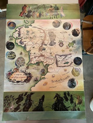 Rare Pauline Baynes map of middle earth 1970 poster 1st Trade Printing Allen/unw 2
