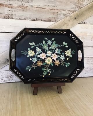Vintage 8 Sided Black Toile Tray Hand Painted Floral Design